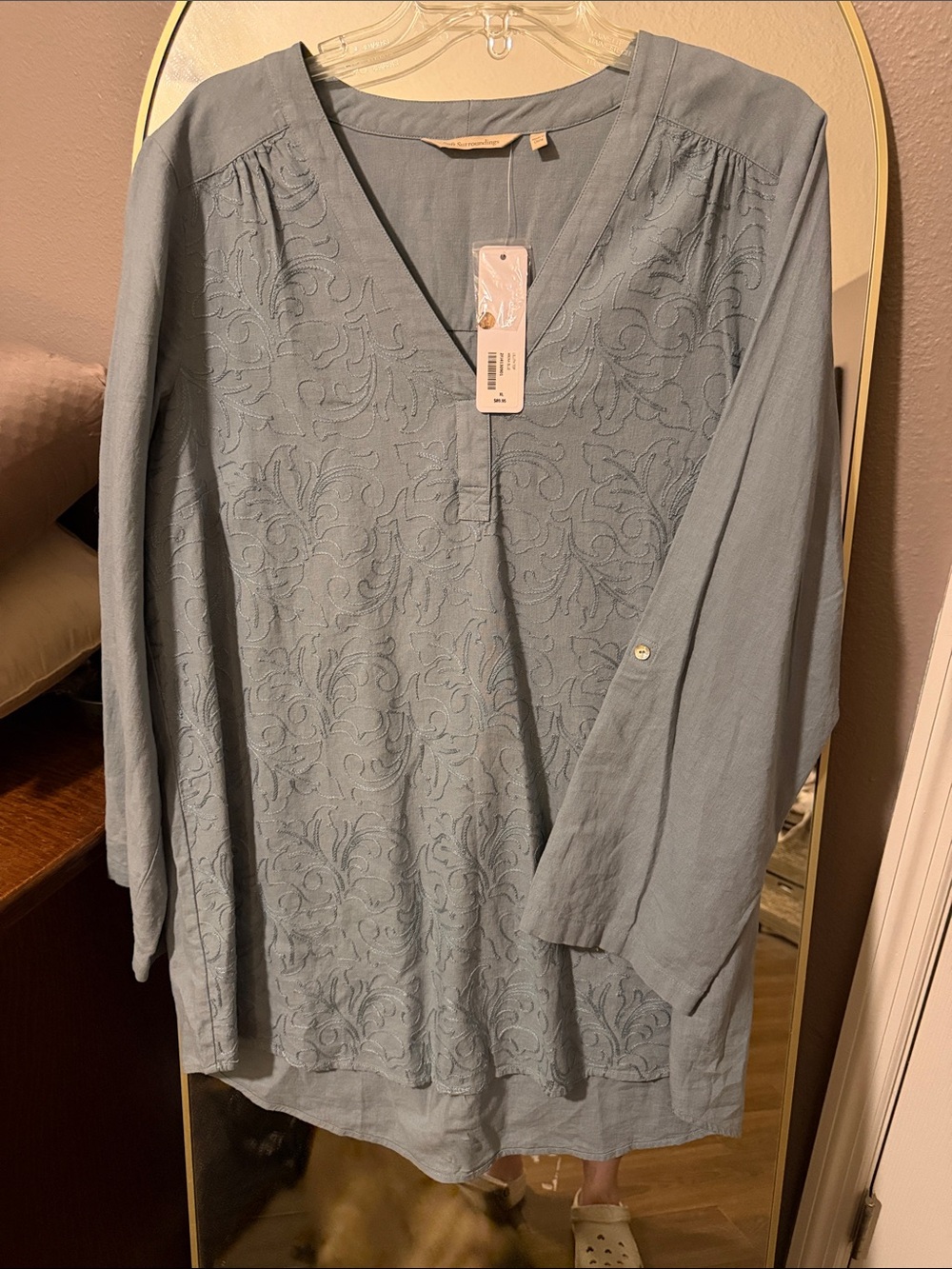 Soft Surroundings Dusty Blue Embroidered V-Neck Tunic